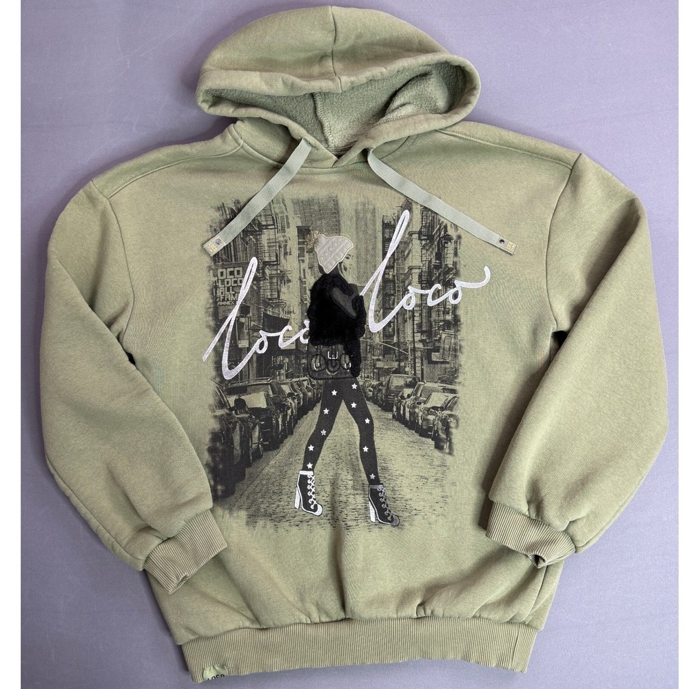 Loco‎ Loco Graphic Print Hoodie Pullover Sweatshirt Olive Green Size 13-14